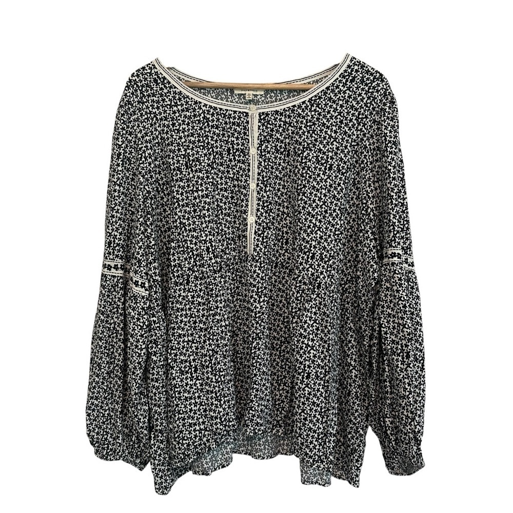 Women's 2X Black & White Peasant PLUS Babydoll Soft Relaxed Cottage Core Blouse